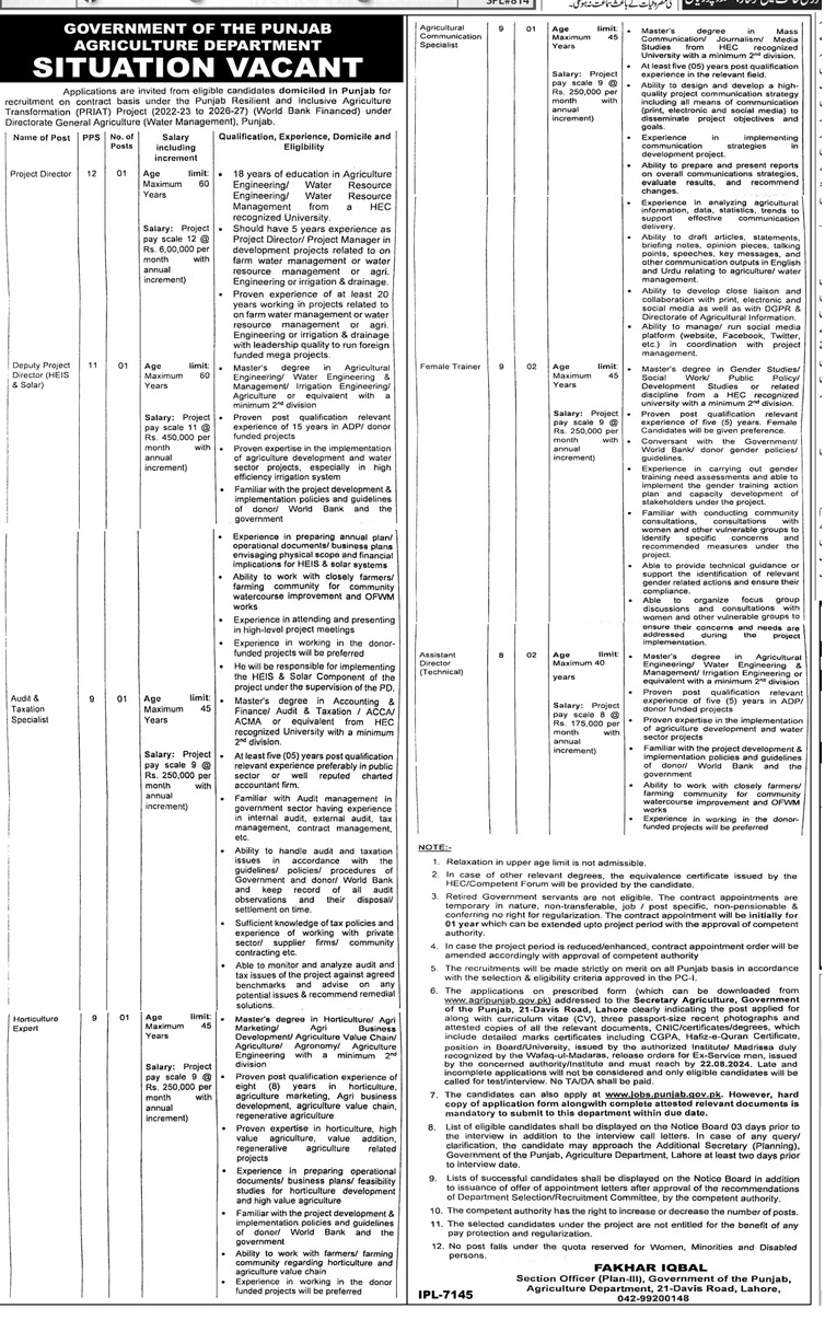 Agriculture Department Punjab Jobs August 2024