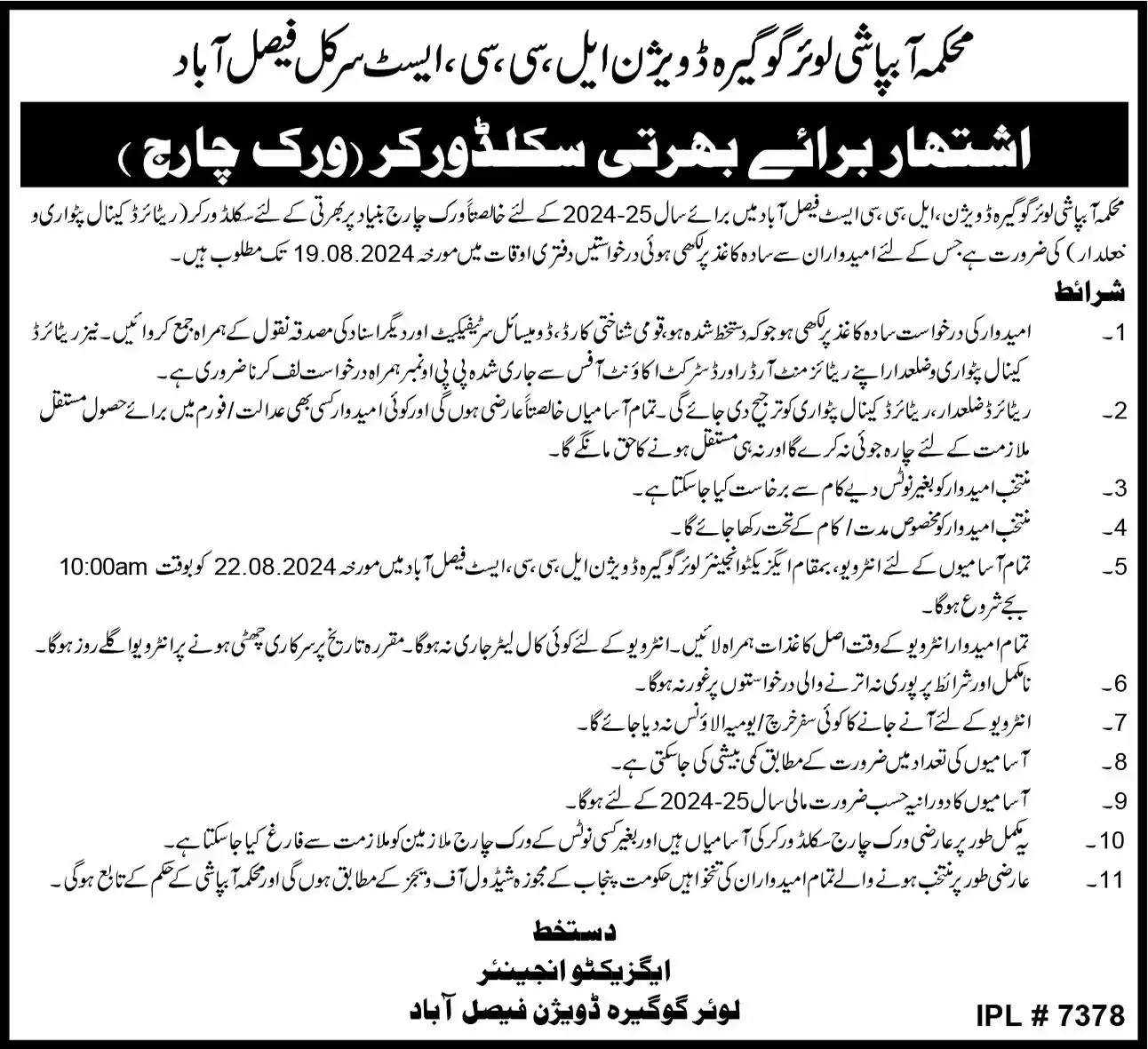 Punjab Irrigation Department Jobs August 2024