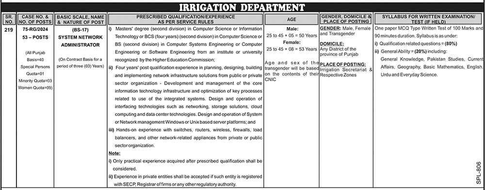Irrigation Department Jobs August 2024
