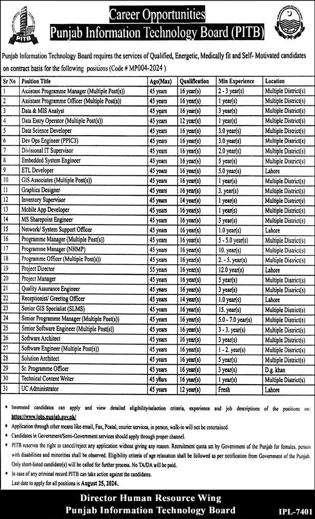 Punjab Information Technology Board Jobs August 2024