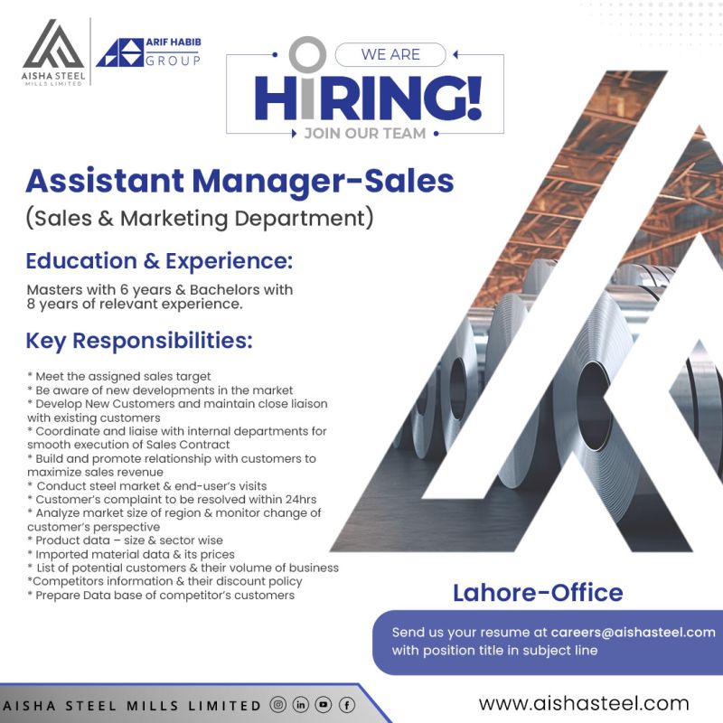 Assistant Manager Sales Jobs at Aisha Steel Mills Limited