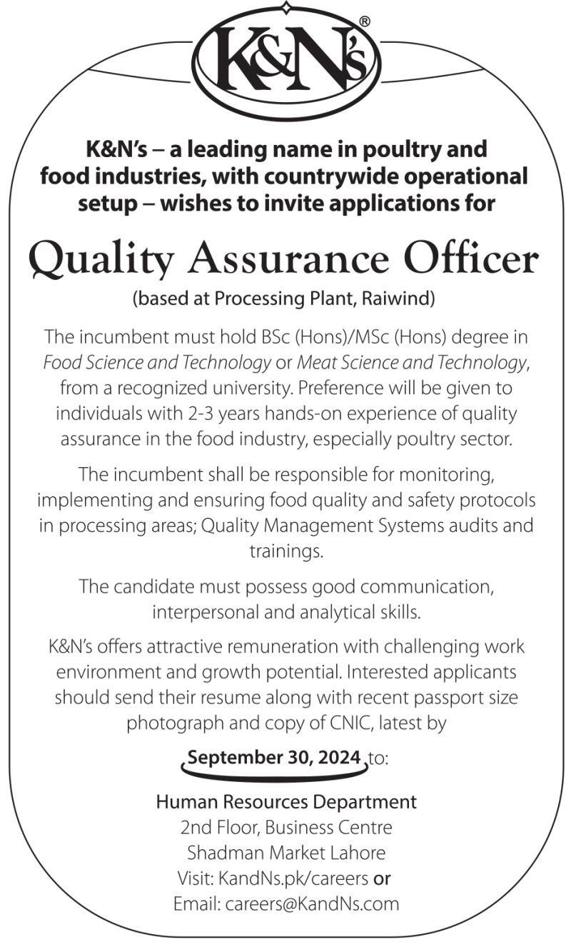 Quality Assurance Officer Jobs at K&N's