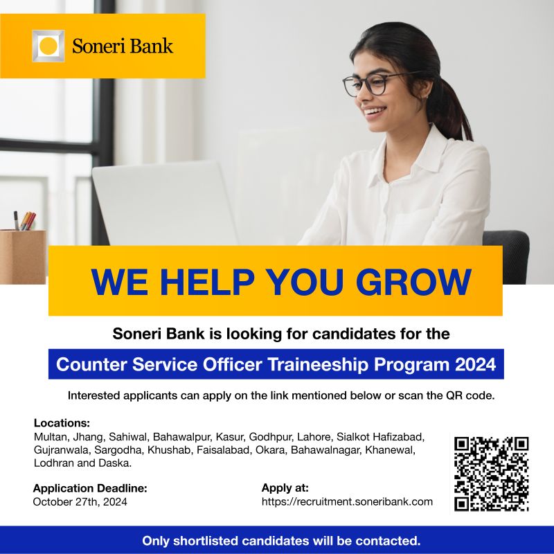 Counter Service Officer Jobs at Soneri Bank Oct 2024 