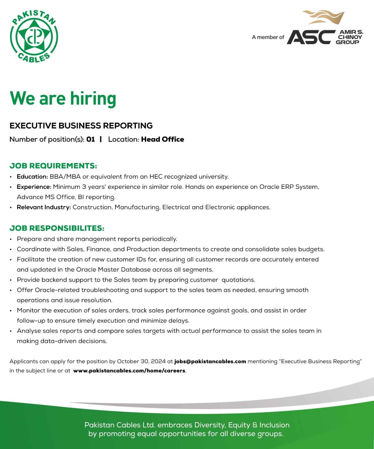 Executive Business Reporting Jobs at Pakistan Cables Limited