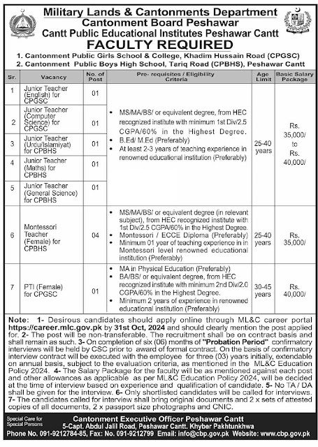 Military Lands and Cantonments Department Jobs October 2024