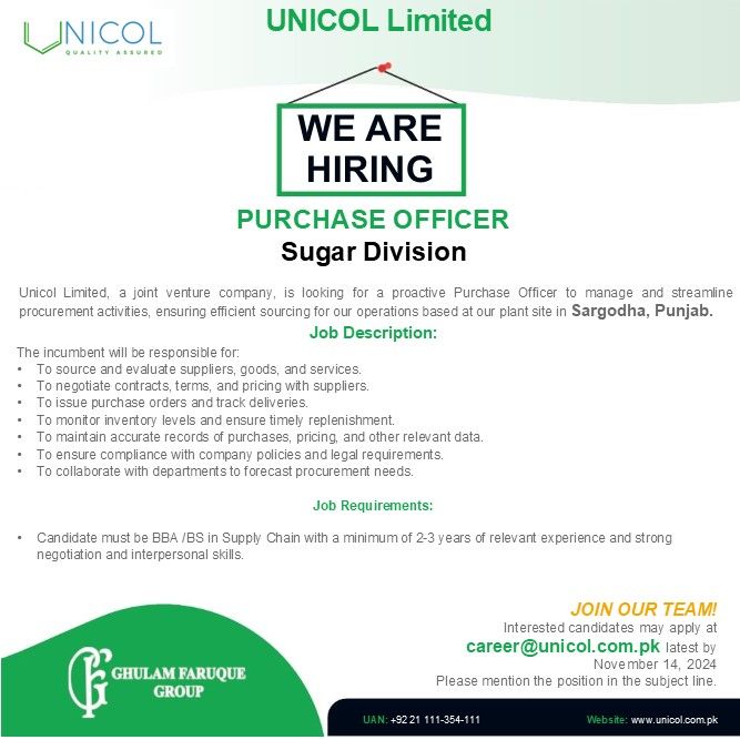 Purchase Officer Job Unicol 2024