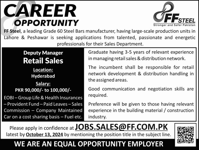 Deputy Manager Retail Sales Jobs at FF Steel 