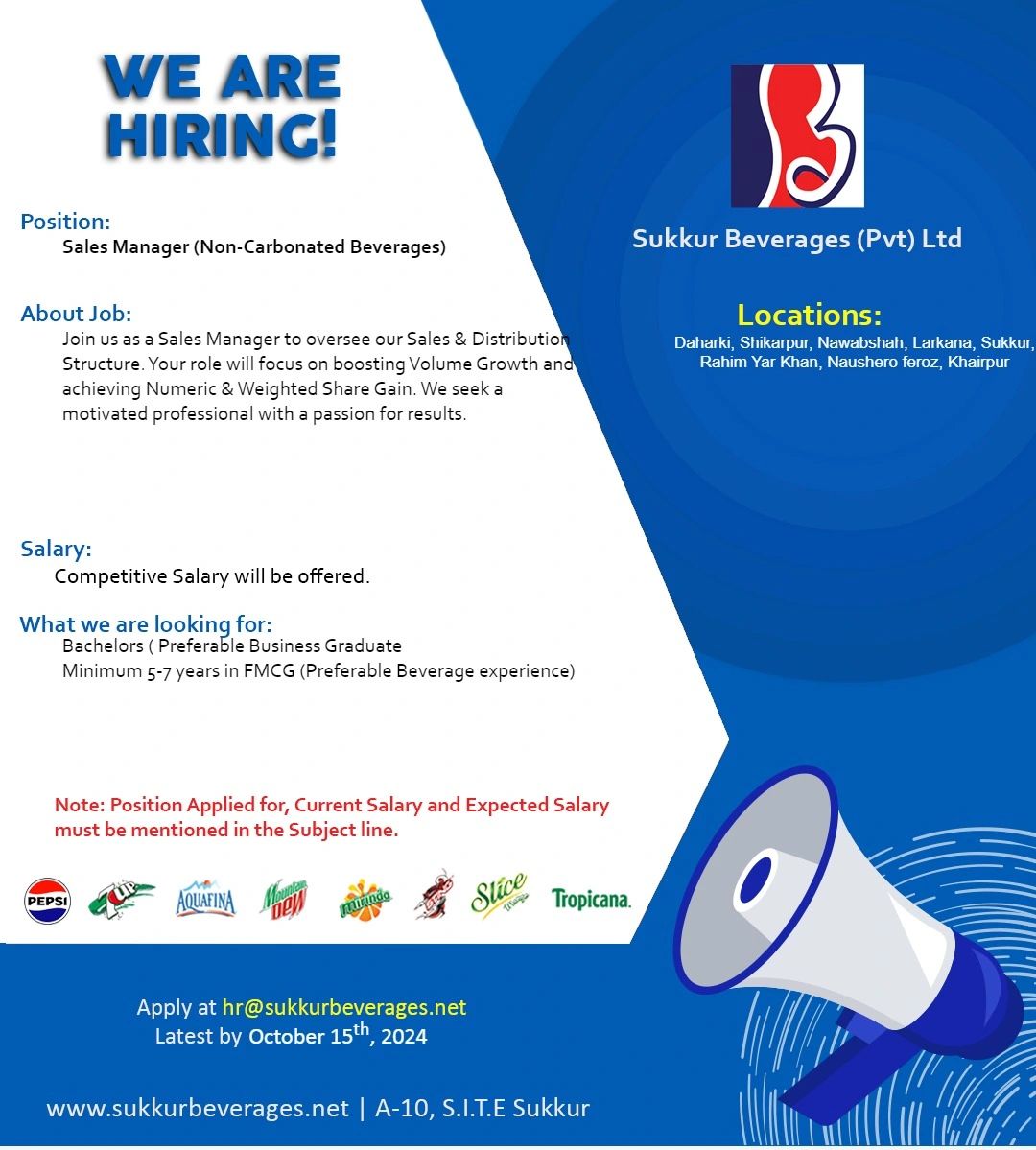 Sales Manager Jobs at Sukkur Beverages Pvt Ltd