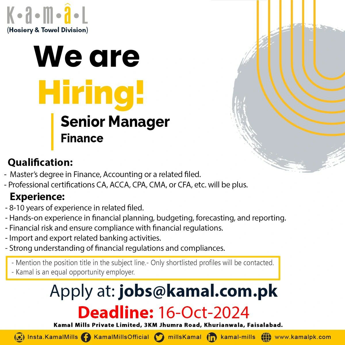 Senior Manager Finance Jobs at Kamal Mills