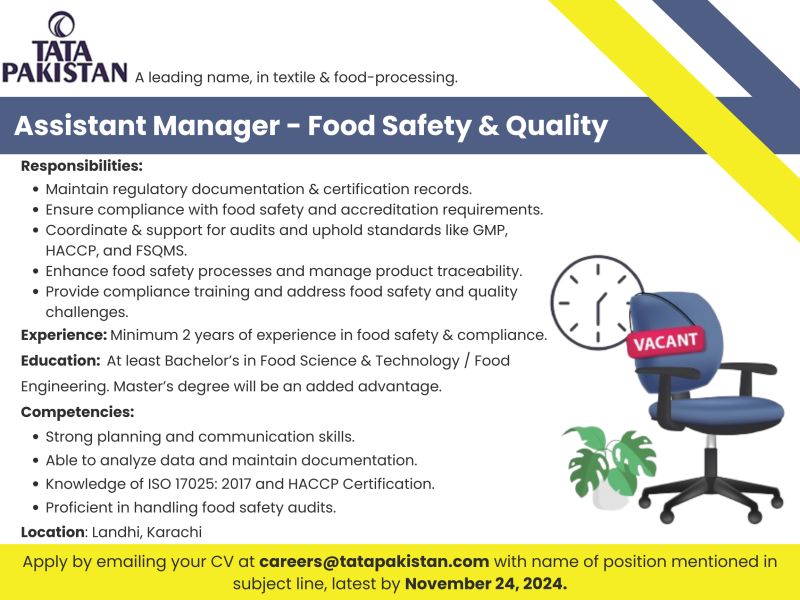 AM Food Safety & Quality Jobs TATA Pakistan 2024