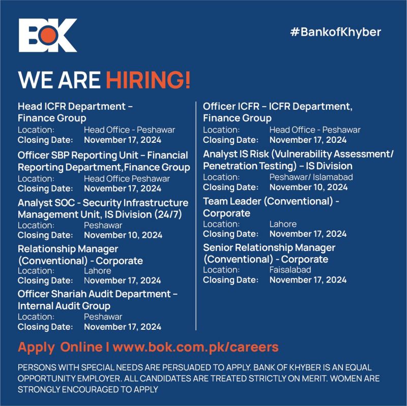 Bank Of Khyber BOK Jobs 2024