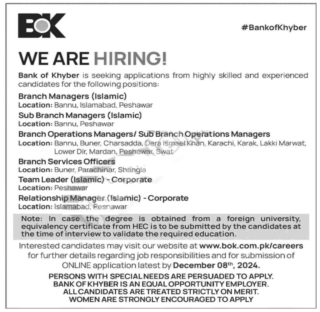 Bank of Khyber Jobs 2024