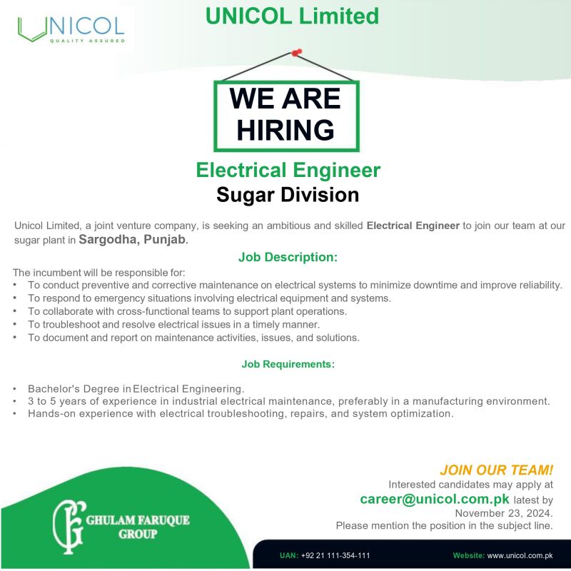 Electrical Engineer Jobs Unicol Limited 2024