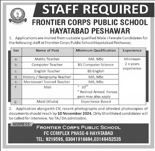 Frontier Corps Public School Teachers Jobs 2024