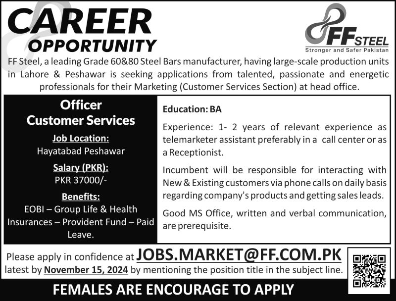 Officer Customer Services Jobs FF Steel 2024