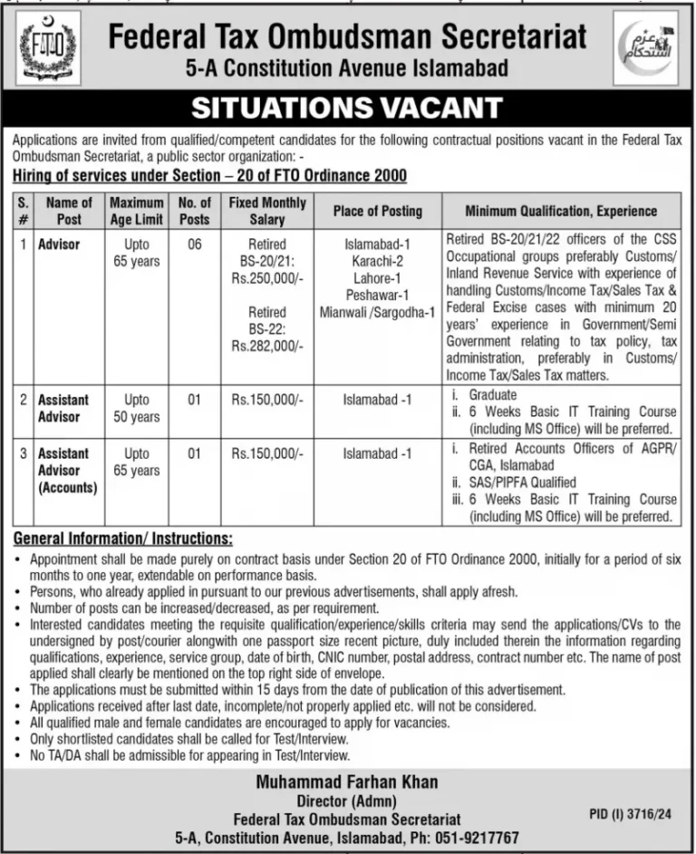 Federal Tax Ombudsman Secretariat Jobs 2024