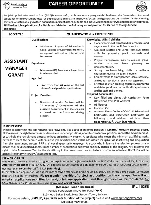 Punjab Population Innovation Fund PPIF Jobs 2024