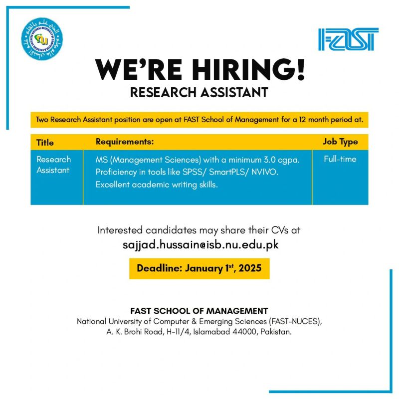 Research Assistant Jobs FAST-NUCES Islamabad 2025