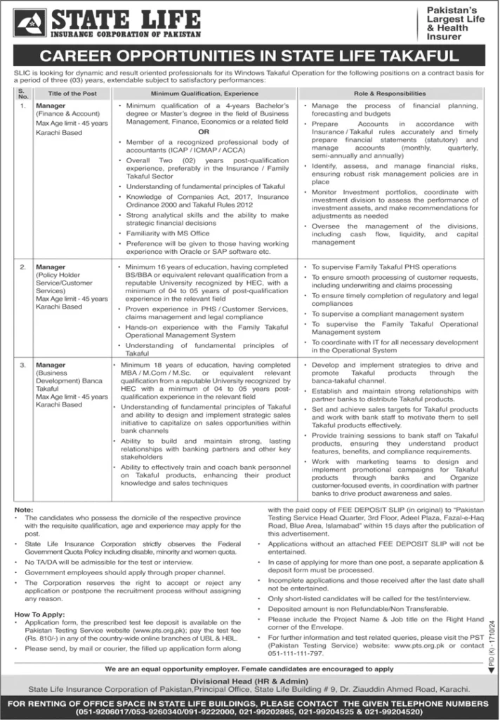 State Life Insurance Corporation of Pakistan Jobs 2024