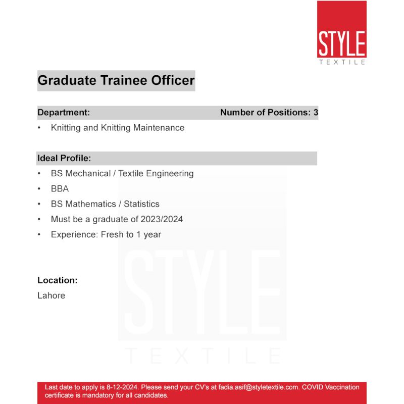 Style Textile Graduate Trainee Officer Jobs 2024