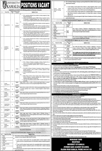 Teaching and Non Teaching Staff Required At University Of Kamalia 2025