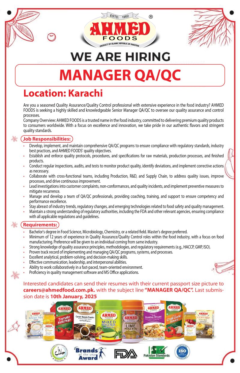 Manager QA-QC Jobs Ahmed Foods Karachi 2025