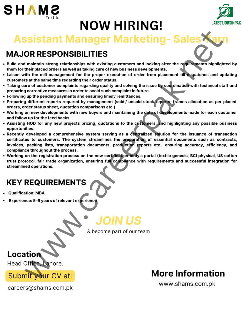 Assistant Manager Marketing-Sales Yarn