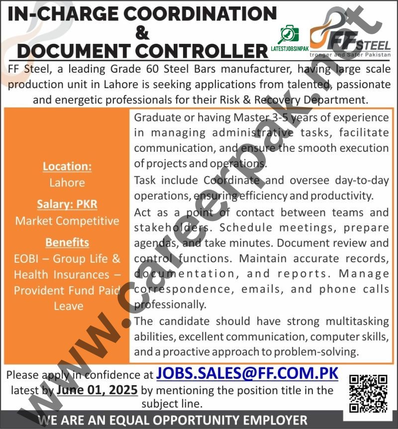 In-Charge Coordination & Document Controller Jobs 2025
