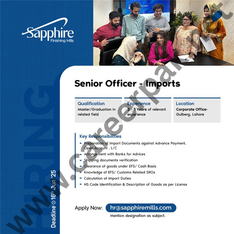 Senior Officer – Imports | Sapphire Mills | Lahore Job