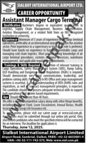 Sialkot International Airport Assistant Manager Cargo Terminal Latest Jobs 2025